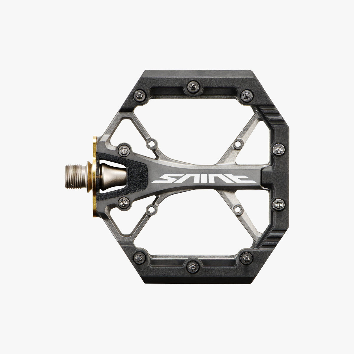 Shimano Saint PD-G8040 flat pedal top-down view showing Saint logo and open alloy platform