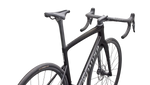 Close-up detail of Specialized Tarmac SL9 Comp saddle, seatpost, and cockpit in charcoal metallic