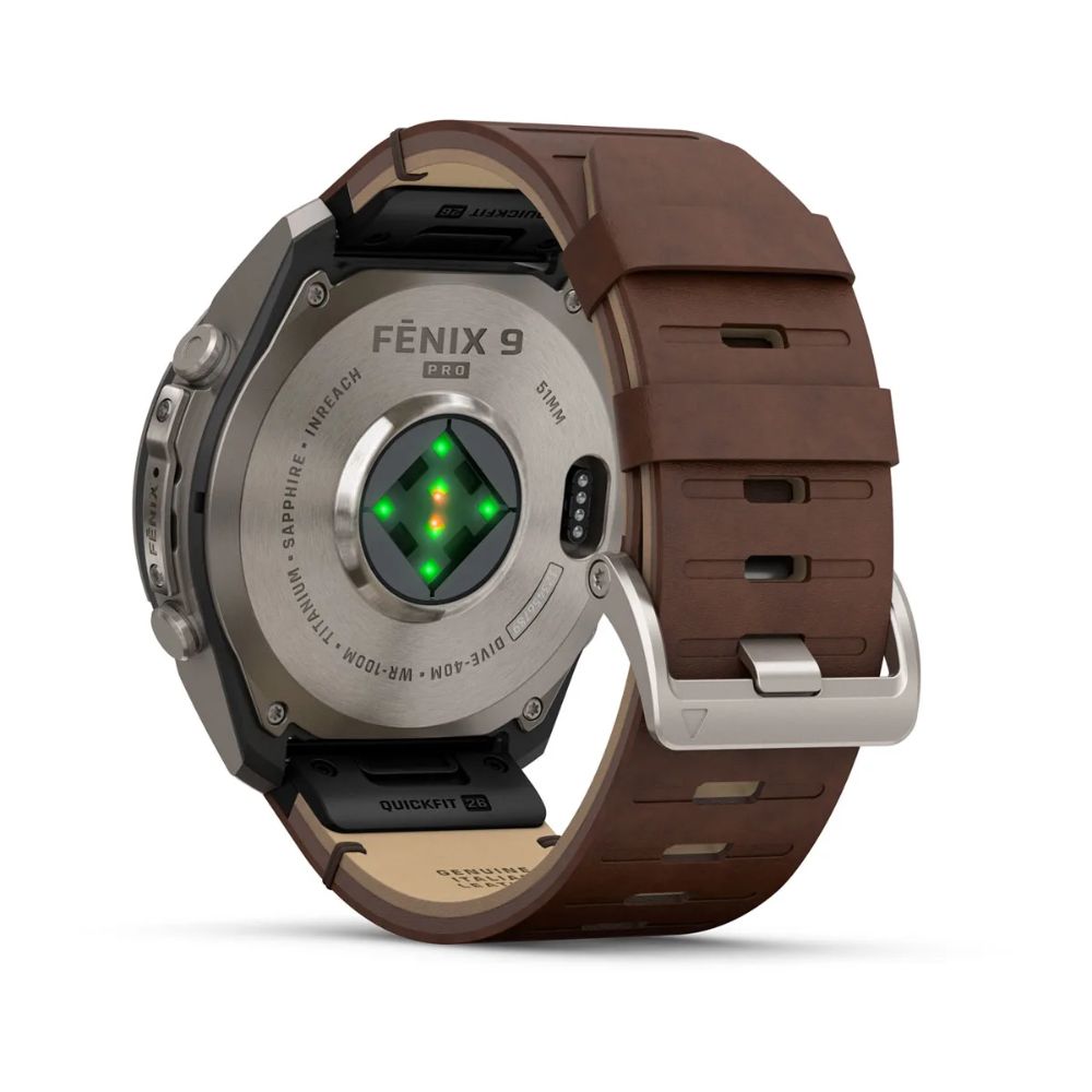 Garmin Fenix 9 Pro 51mm titanium smartwatch back showing heart rate sensor and sapphire features label