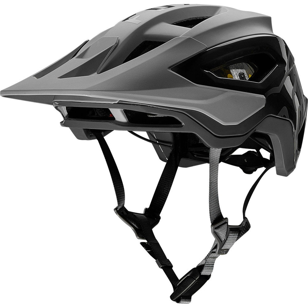 Fox Speedframe Pro MTB helmet in matte gray and black with large visor brim