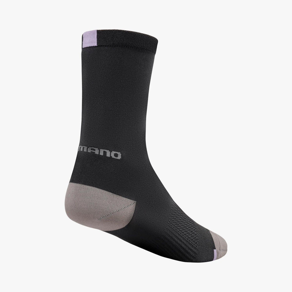Shimano Performance cycling sock in black shown from rear angle with lavender cuff stripe
