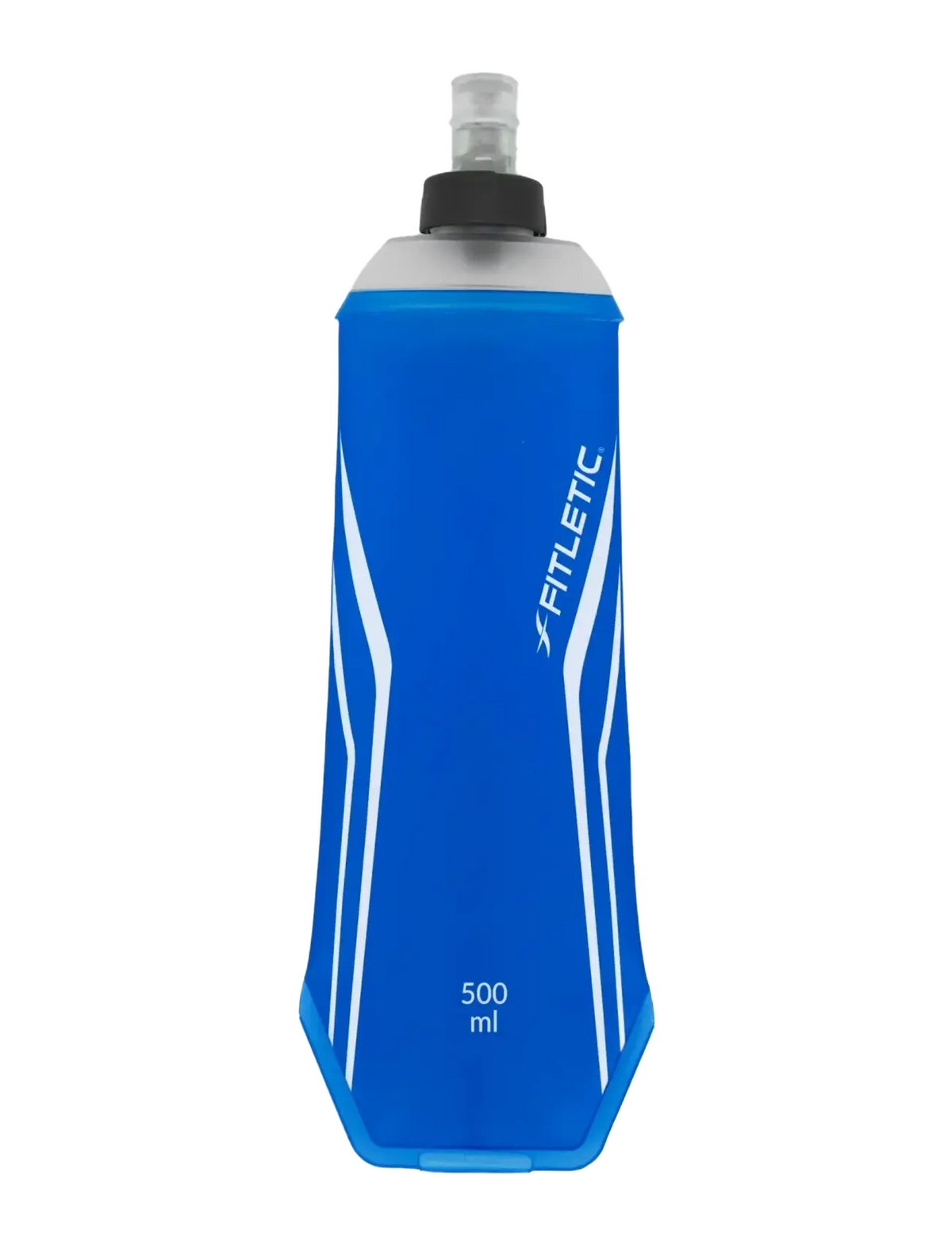 Fitletic Flow Max Soft Flask 500ml blue flexible running bottle on clean white background.