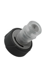 Close-up detail of Fitletic soft flask bite valve and cap nozzle on black background.