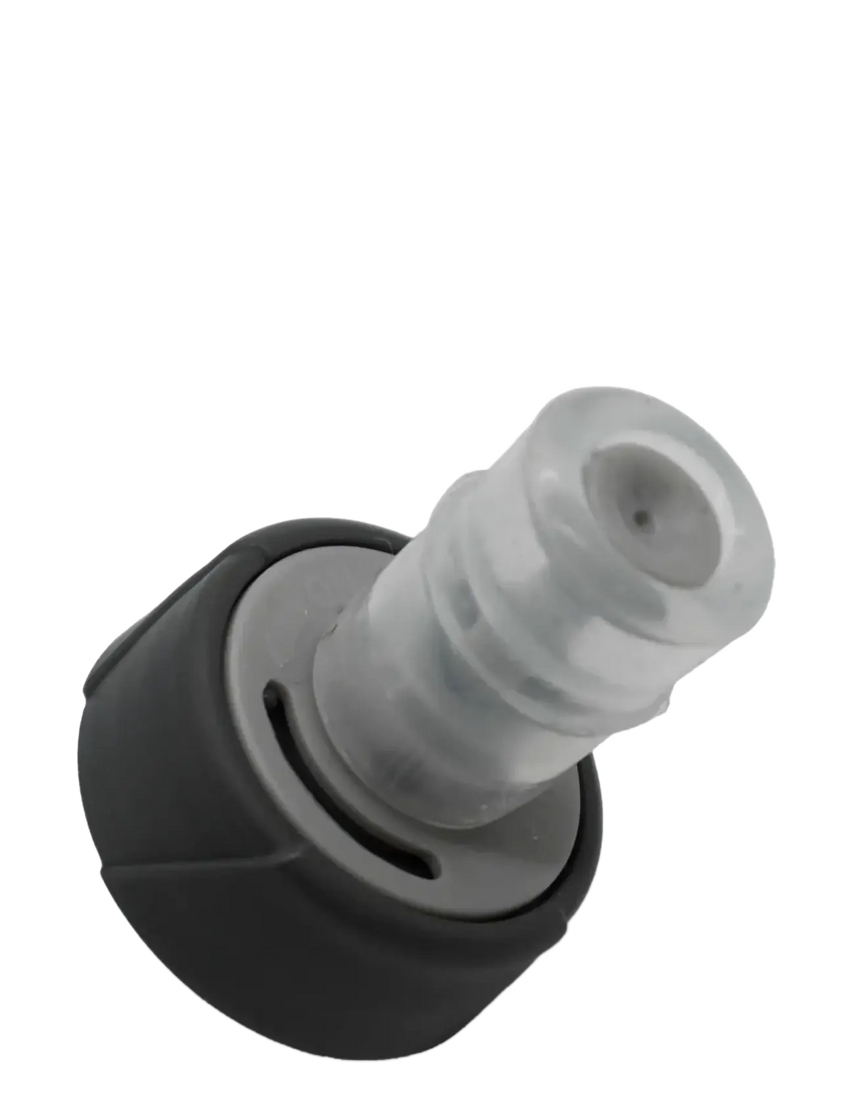 Close-up detail of Fitletic soft flask bite valve and cap nozzle on black background.