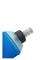 Close-up of Fitletic Flow Max Soft Flask blue body with gray cap and clear nozzle detail.