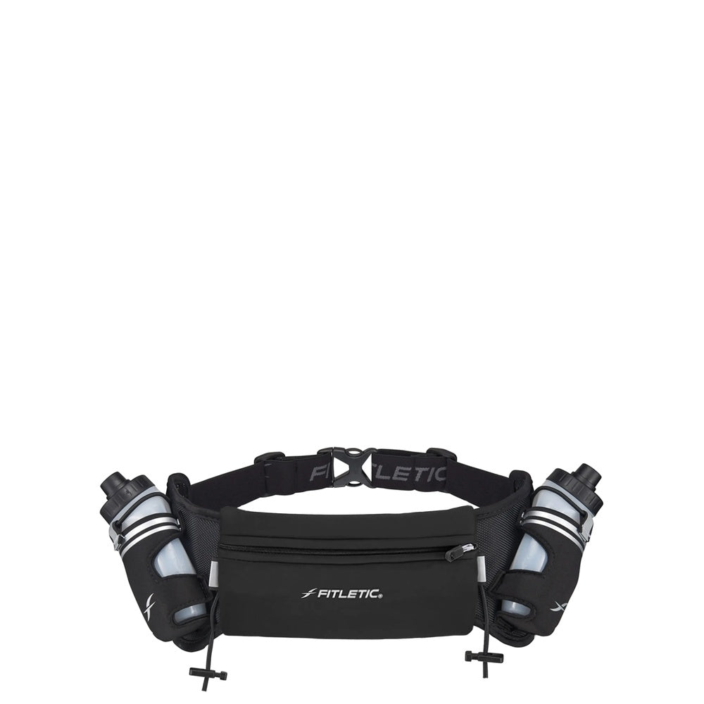 Fitletic Hydra 16 black hydration running belt with two water bottles, front view