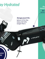 Fitletic black hydration belt with phone and earbuds in open pouch showing storage capacity
