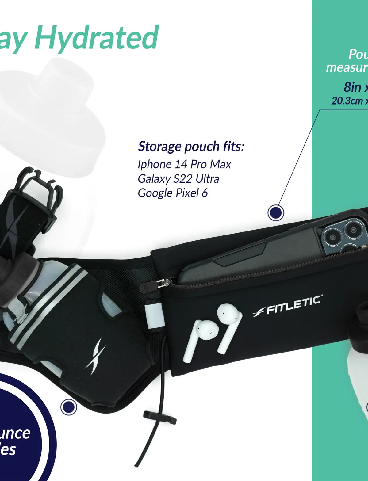 Fitletic black hydration belt with phone and earbuds in open pouch showing storage capacity