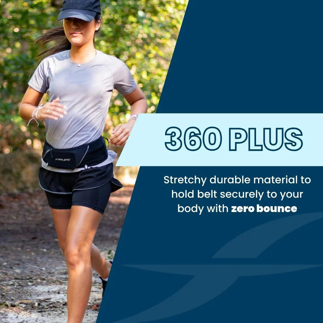Female runner wearing Fitletic 360 Plus black belt while running on trail path