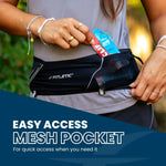 Fitletic 360 Plus black belt showing easy-access mesh pocket with energy gel being inserted