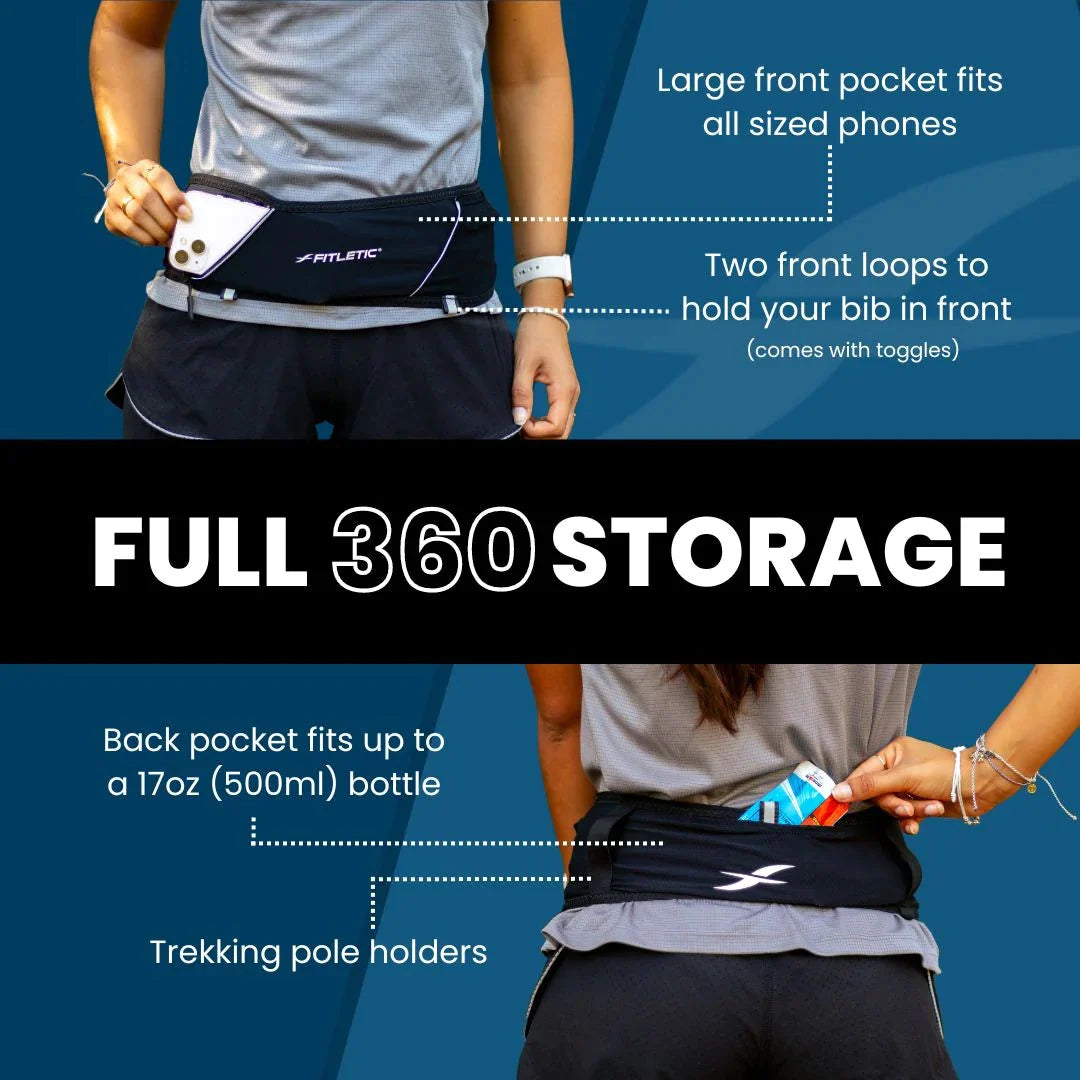 Fitletic 360 Plus black belt showing full 360 storage features including front and back pockets