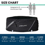Fitletic 360 Plus size chart showing XS through XL hip measurements for black running belt