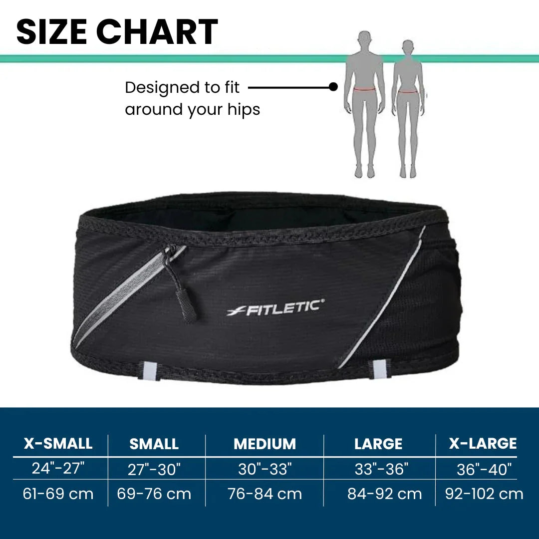 Fitletic 360 Plus size chart showing XS through XL hip measurements for black running belt