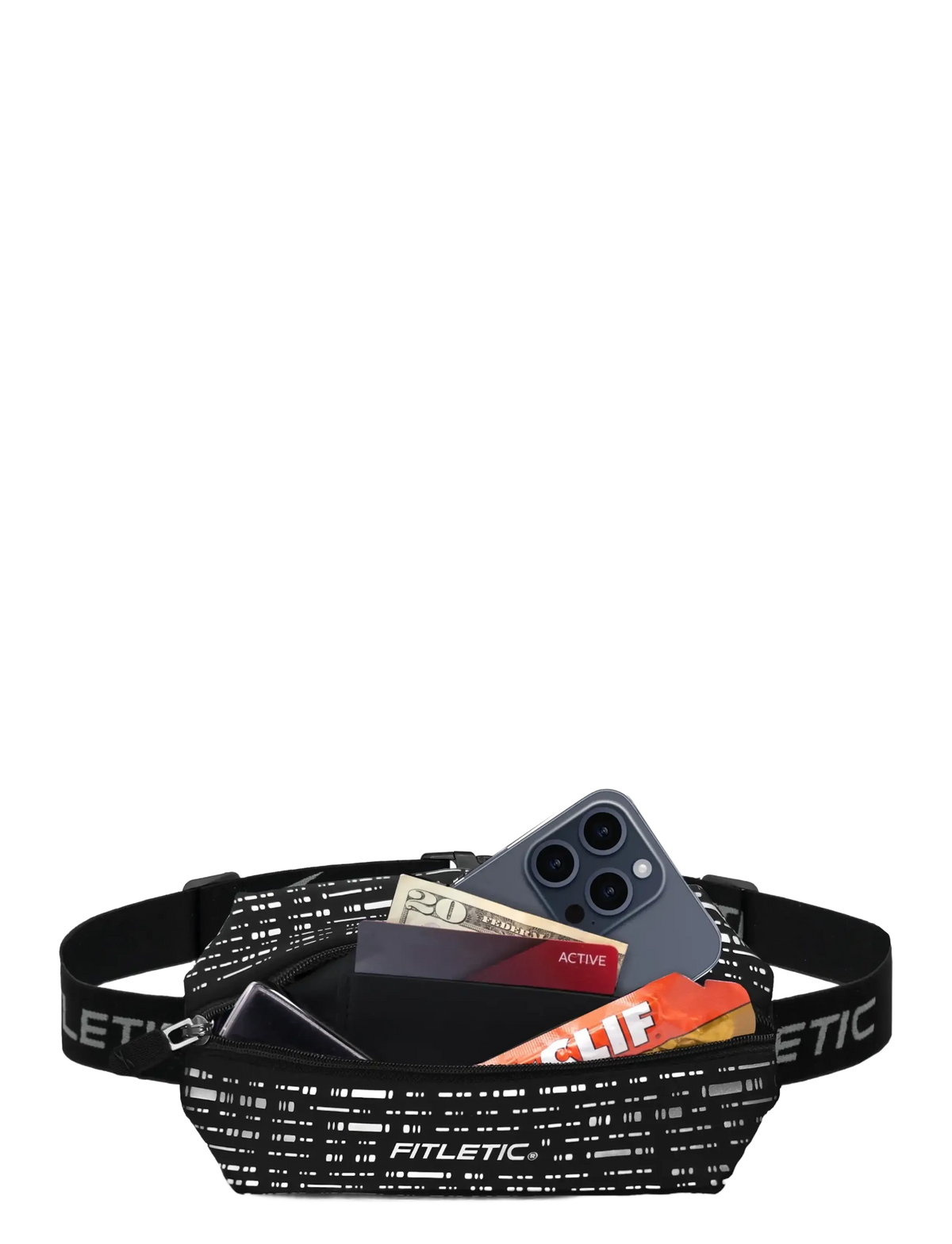 Fitletic Race II Number Belt open showing phone, cash, card, and energy bar storage capacity