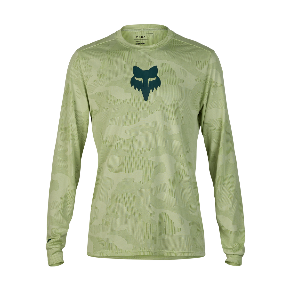 Fox Ranger Long Sleeve Jersey in light olive green tonal camouflage pattern with Fox logo