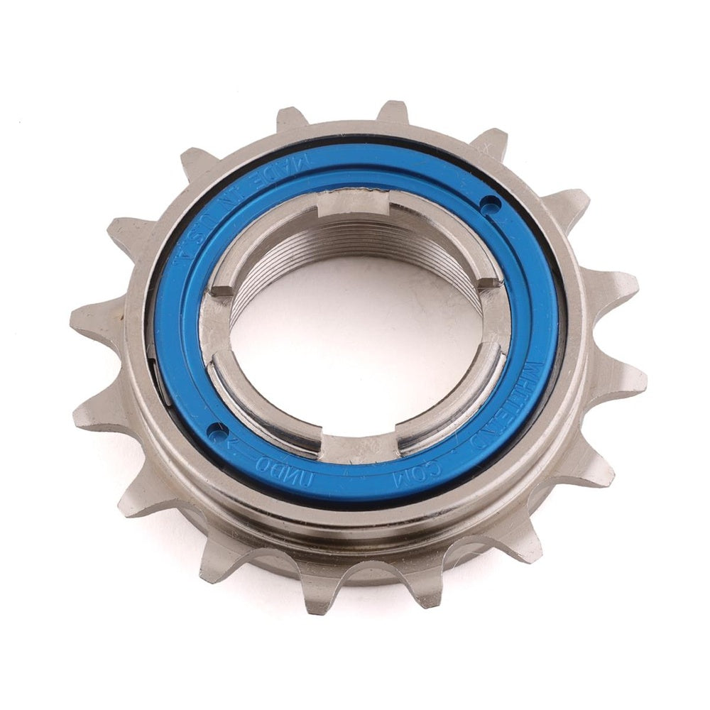 White Industries single speed silver freewheel with blue anodized ring, 17 tooth sprocket