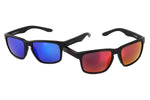 Eltin Grant sunglasses in matte black with blue and red mirrored lenses side by side