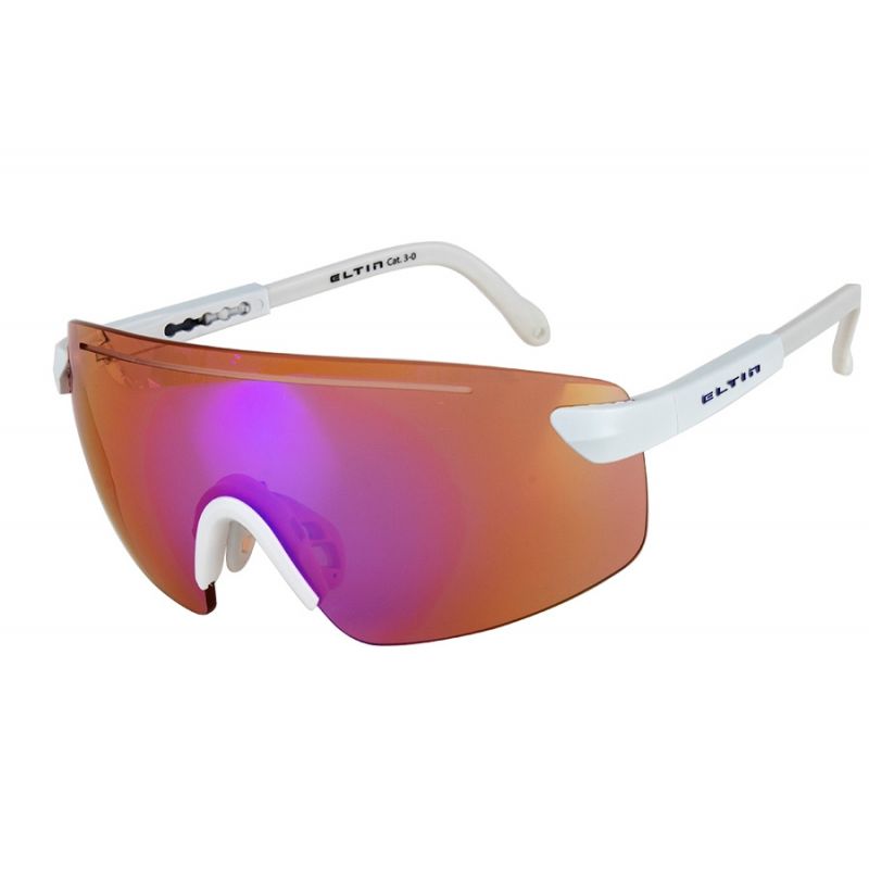 Eltin Nexum sport sunglasses with white frame, blue accents and orange-purple mirrored lens