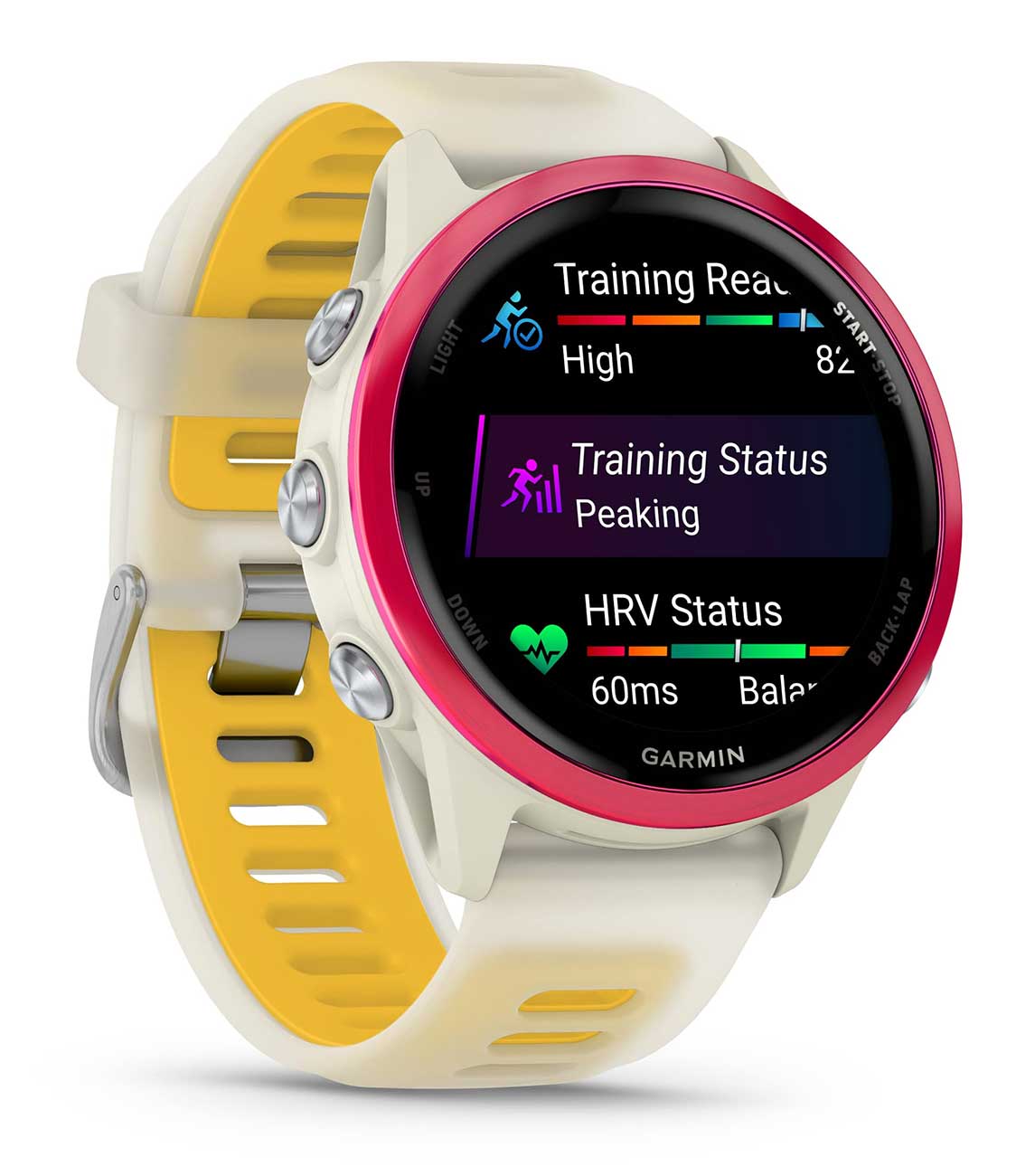 Garmin Forerunner smartwatch with white case, pink bezel, and yellow band showing training metrics