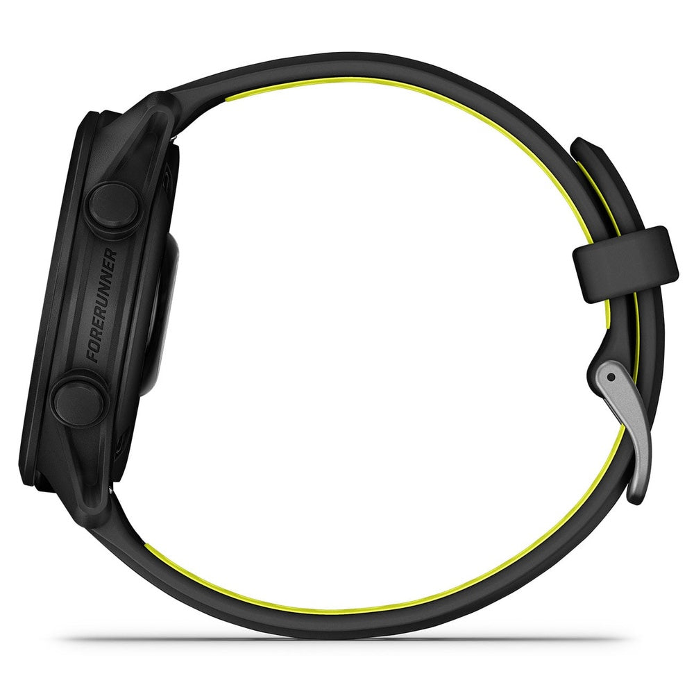 Garmin Forerunner smartwatch side view with black case and yellow-accented band