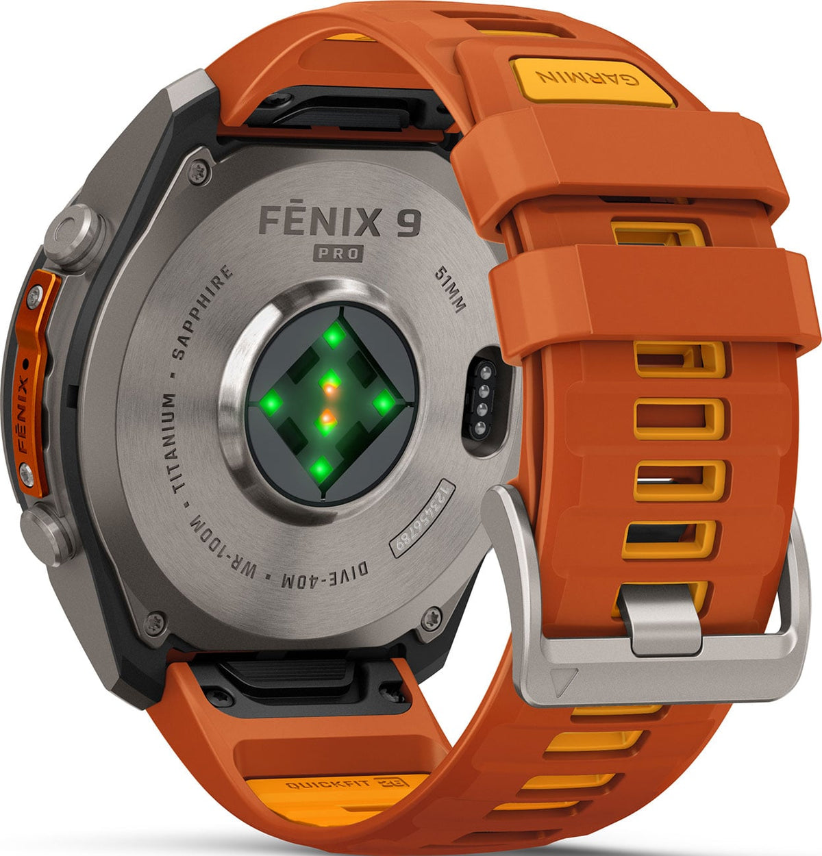 Garmin Fenix 9 Pro back view showing titanium case, heart rate sensor, and orange silicone band