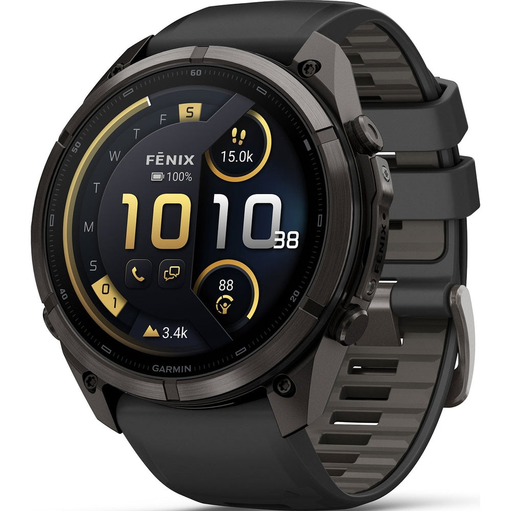 Garmin Fenix 9 Pro smartwatch in carbon gray titanium with black silicone band, angled view