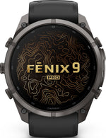 Garmin Fenix 9 Pro smartwatch front view displaying topographic map watch face design
