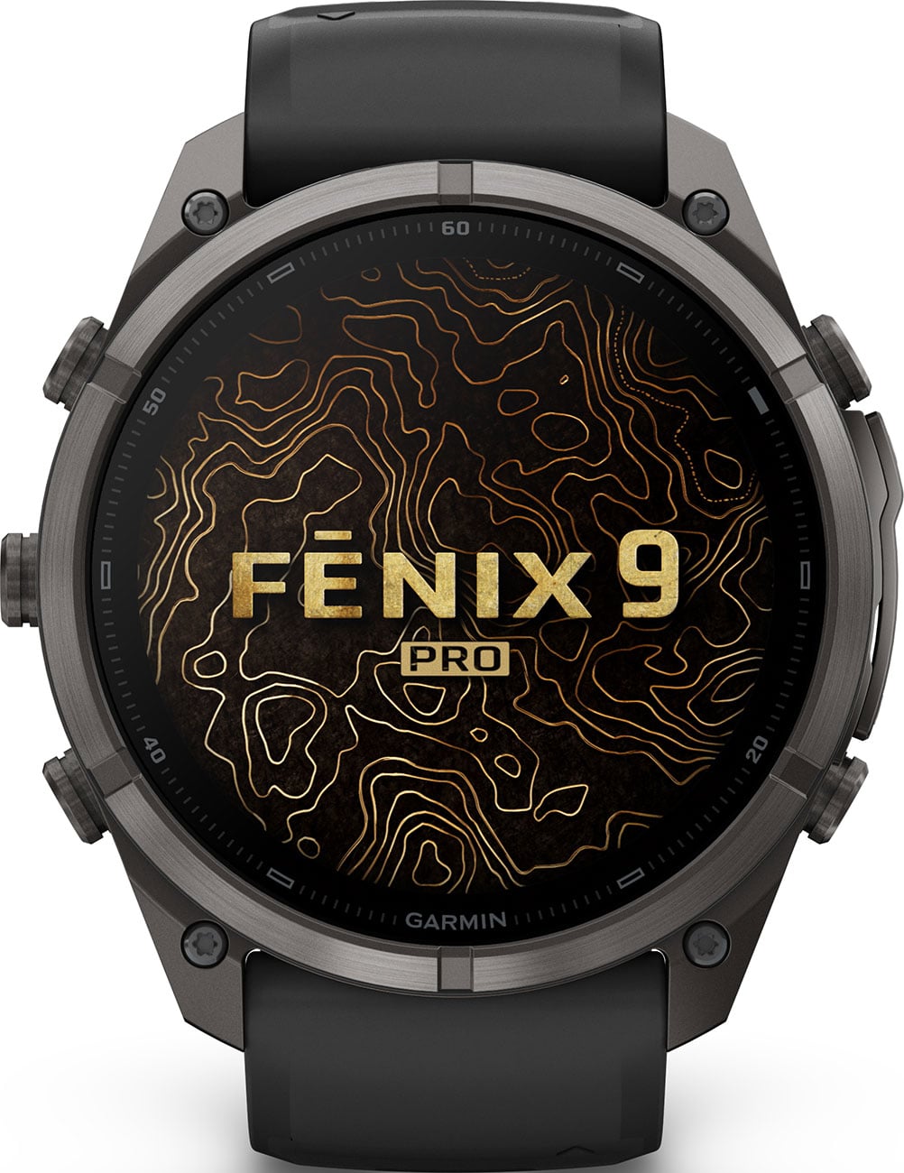 Garmin Fenix 9 Pro smartwatch front view displaying topographic map watch face design