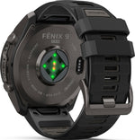 Garmin Fenix 9 Pro rear view showing heart rate sensor, titanium sapphire case back and QuickFit band