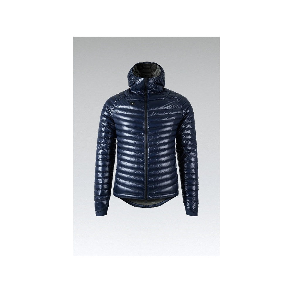 Gobik men's navy blue ultrablue quilted down jacket with hood, front view