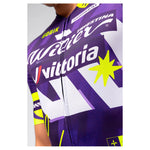 Close-up detail shot of Gobik CX Pro 4.0 violet cycling jersey showing Wilier Triestina and Vittoria logos