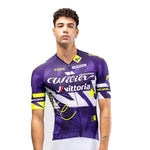 Male model wearing Gobik CX Pro 4.0 violet short sleeve cycling jersey with Wilier Vittoria branding