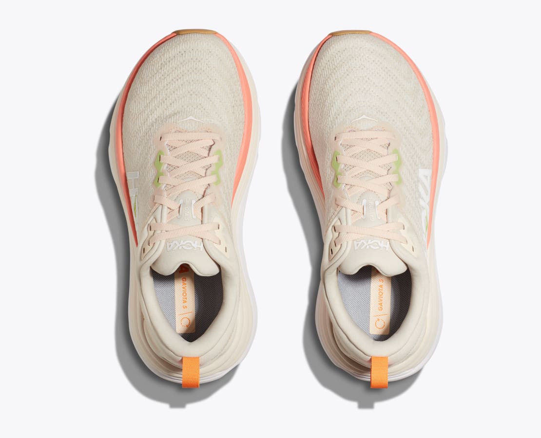 Hoka Gaviota 5 women's running shoes in vanilla cream with coral pink midsole