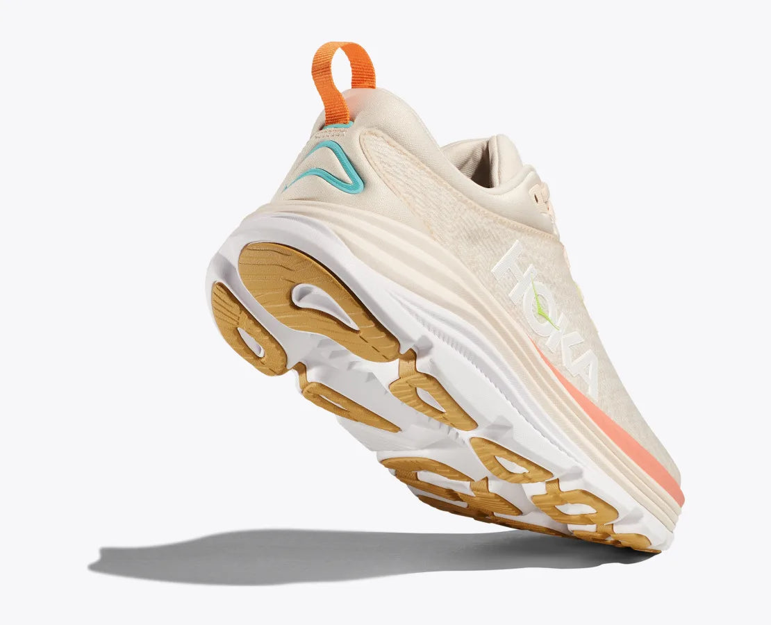 Hoka Gaviota 5 women's running shoe in vanilla cream with orange pull tab