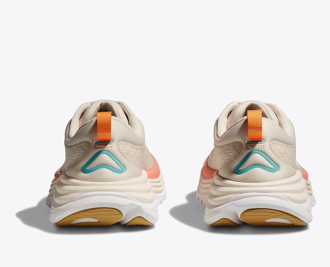 Hoka Gaviota 5 women's running shoes in vanilla/eggnog colorway, rear view showing heel design