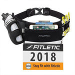 Fitletic Fully Loaded black running belt displayed with phone, cash, water bottle and energy gels loaded
