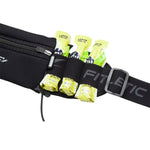 Close-up of Fitletic black running belt holding multiple lemon energy gel packets in side loops
