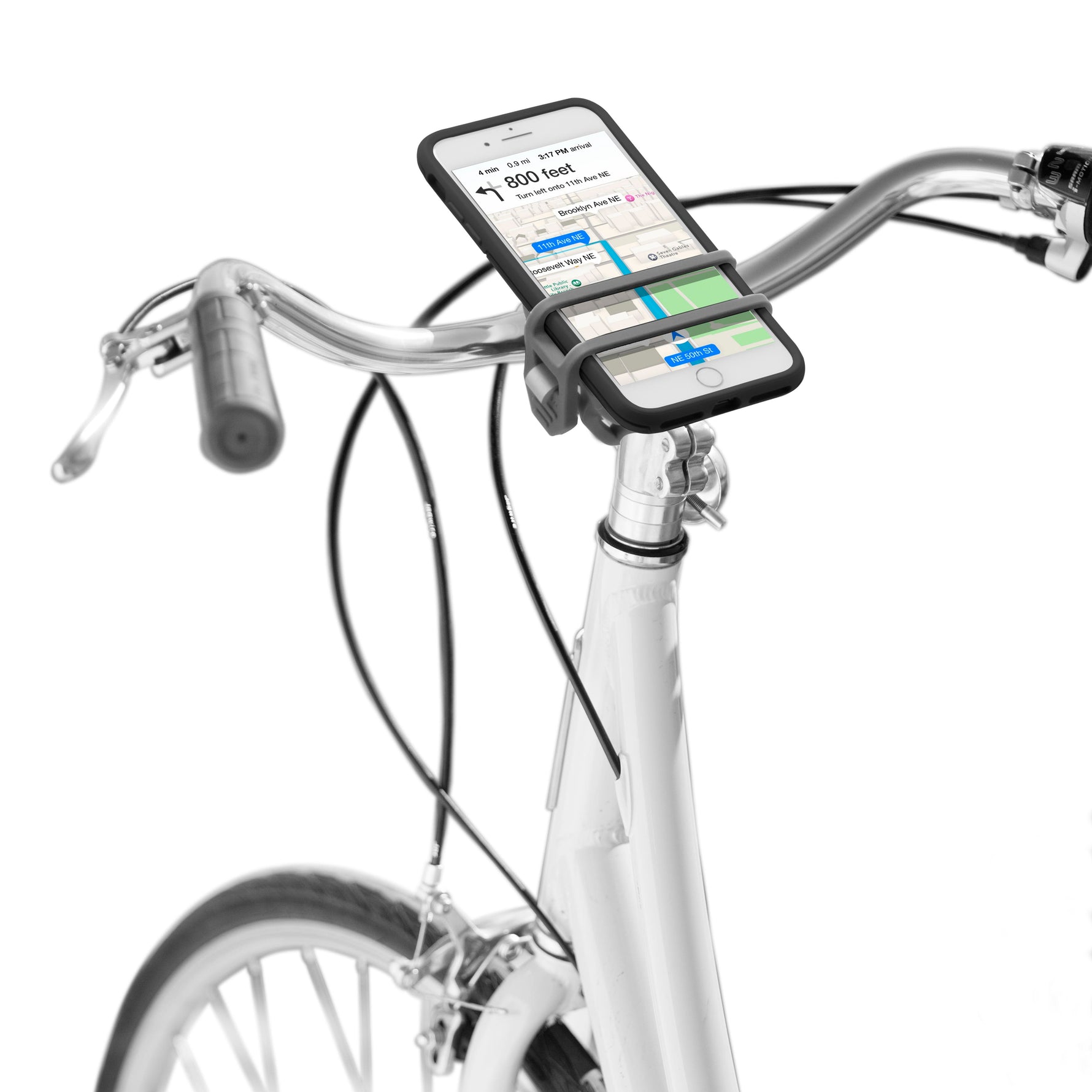 Nite Ize HandleBand Universal Smartphone Bar Mount in grey mounted on white bicycle handlebars