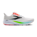 Brooks Ghost 17 men's running shoe in white with pink clay and gecko green colorway