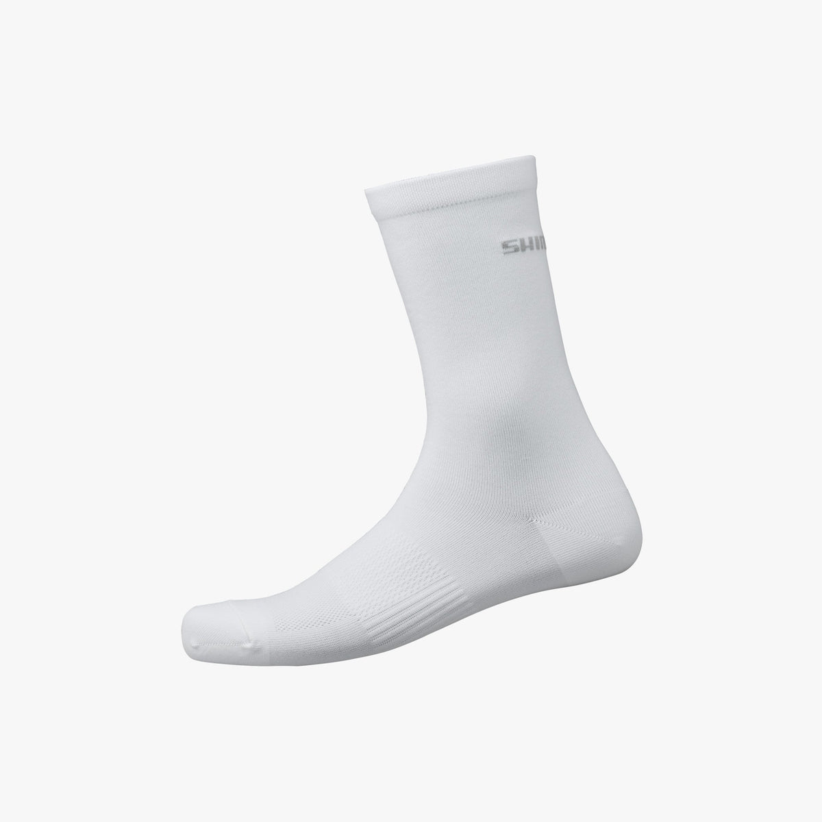 Single Shimano Performance white cycling sock shown in side profile view