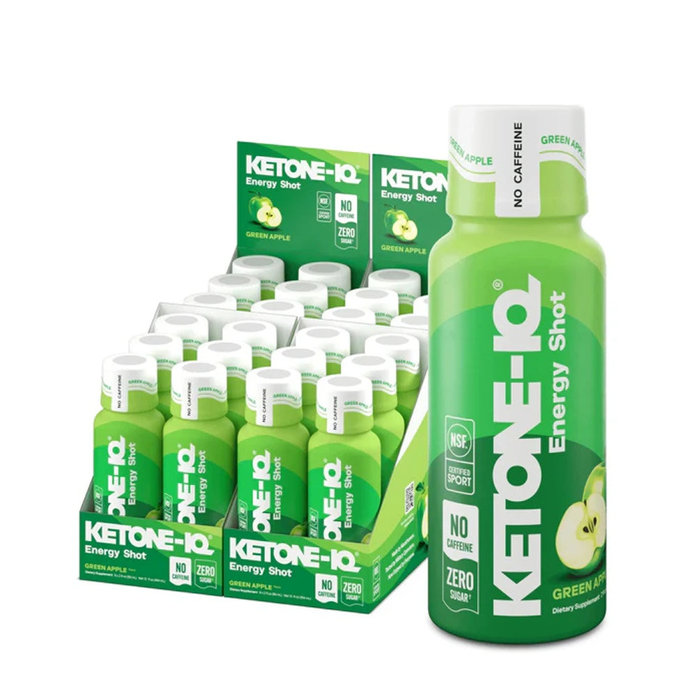 Ketone-IQ Green Apple Energy Shot single bottle and 18-pack display box