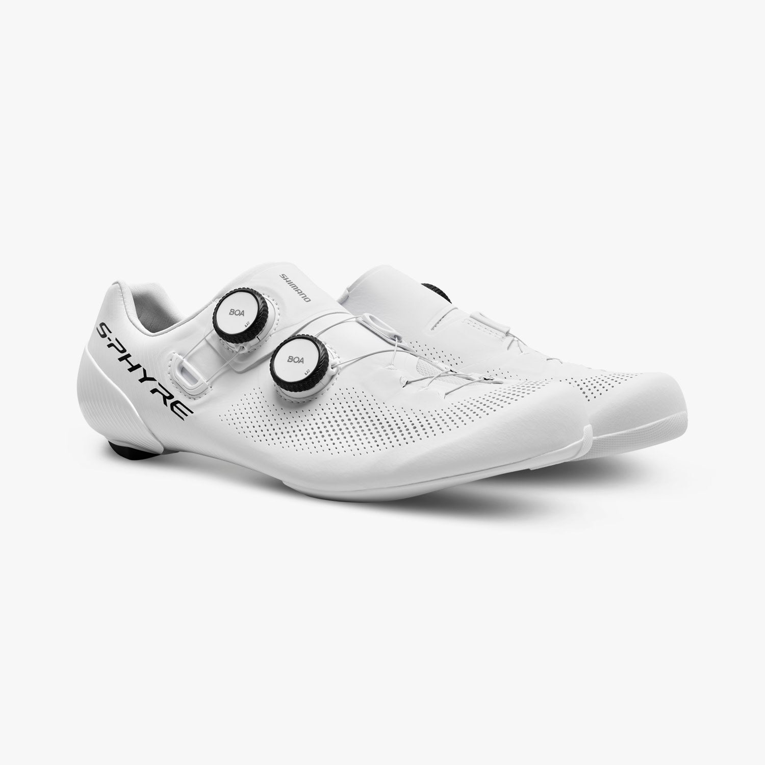 White Shimano S-Phyre SH-RC903 cycling shoes with dual BOA dials on clean background