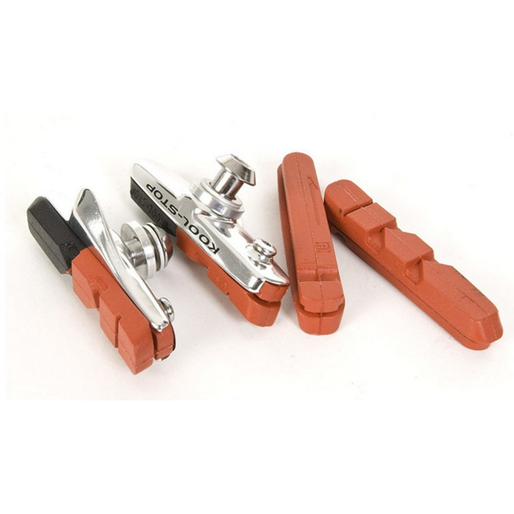 Kool-Stop road brake pads for Shimano with salmon rubber compound and silver holder