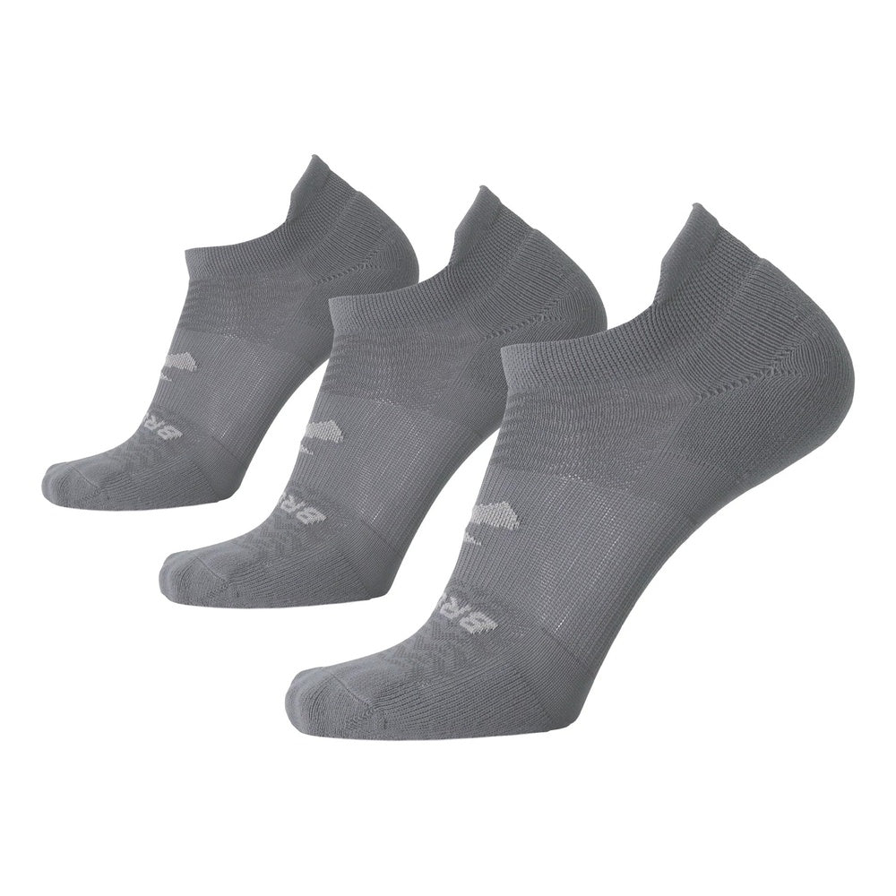 Brooks gray no-show running socks shown in a set of three pairs
