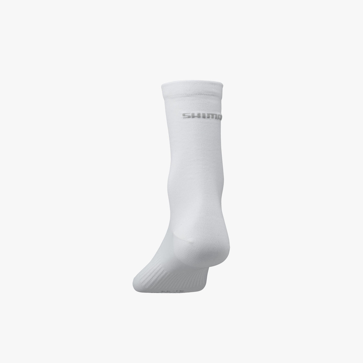 Shimano Performance white cycling sock shown from rear heel view on white background