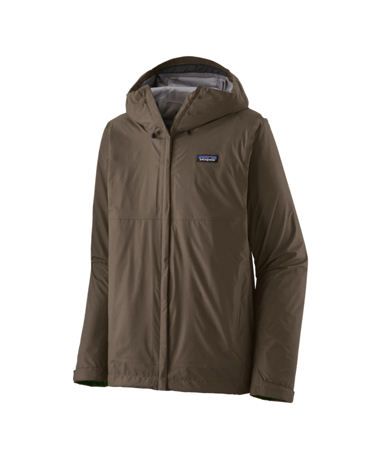 Patagonia Torrentshell 3L rain jacket in tent green with hood up