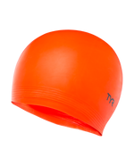 TYR bright orange latex swim cap with logo on clean white background