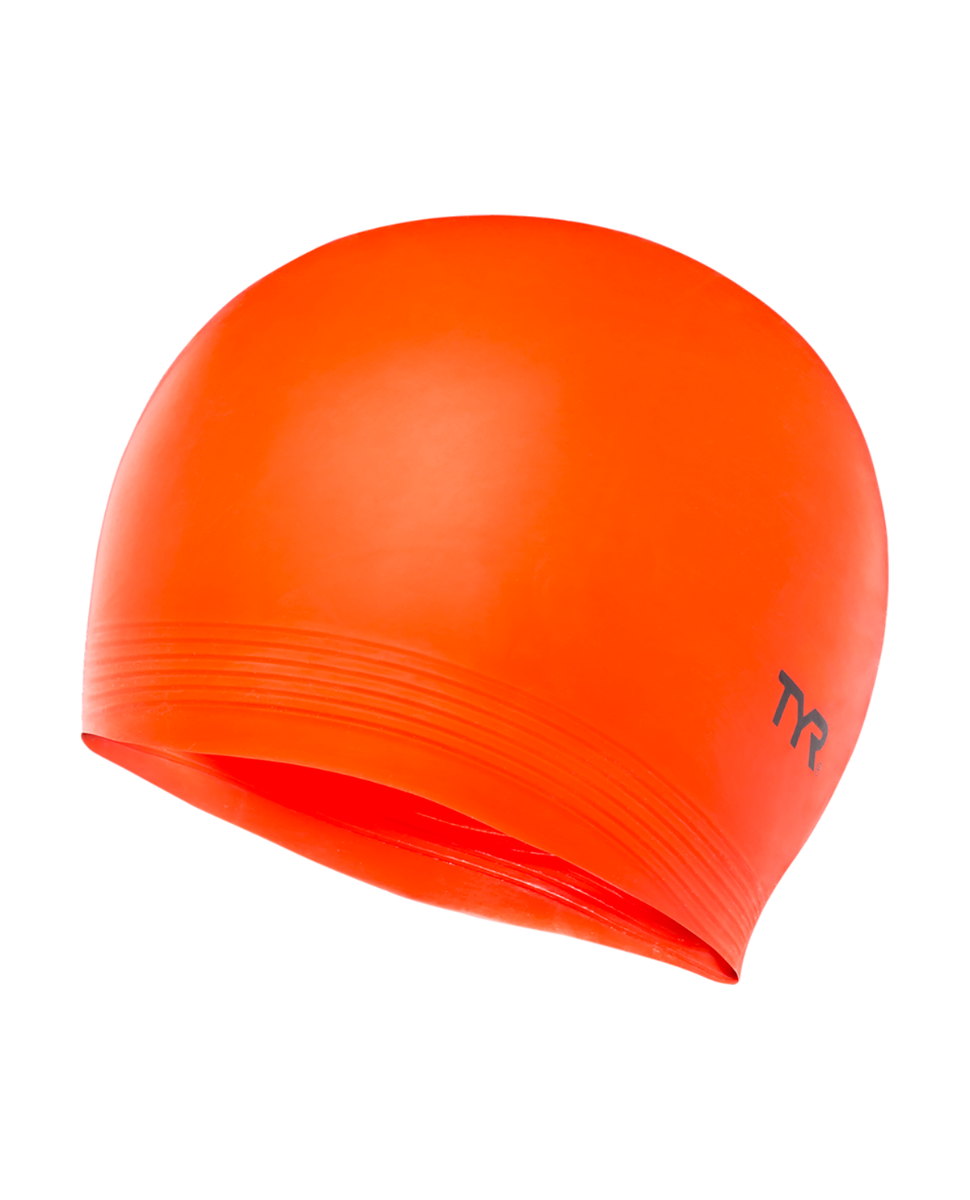 TYR bright orange latex swim cap with logo on clean white background