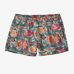 Patagonia women's shorts in teal with vibrant tropical fish print pattern