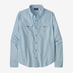 Patagonia Men's Long-Sleeved Self-Guided Hike Shirt in Chilled Blue with button-down collar